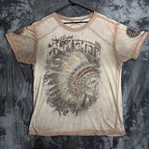 Affliction T Shirt Mens 2XL Brown Skull Headdress Distressed Graphic Tee